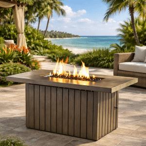 Modern outdoor aluminum fire table with integrated gas burner feature