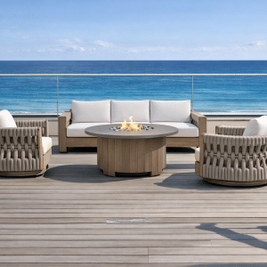 Summit Vista Contemporary outdoor sectional seating arrangement with gas fire feature