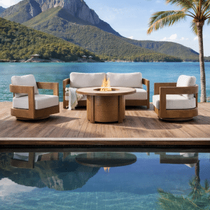 Valmont Oak Luxury outdoor round dining set with upholstered chairs and mountain backdrop