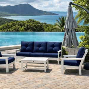 Polywood conversational set with blue sunbrella cushions in ponte vedra beach ocean front