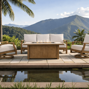 The Aviara Luxury outdoor conversation set with woven chairs and fire pit table
