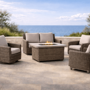 Bona Vista Complete swivel glider seating set with premium fire table