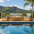 Belmont Teak outdoor teak sofa set with Sunbrella cushions and swivel chairs