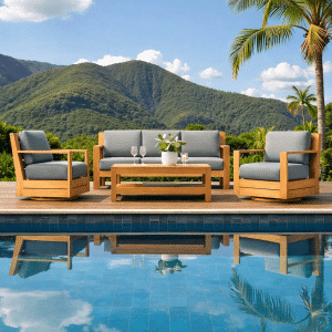 Belmont Teak outdoor teak sofa set with Sunbrella cushions and swivel chairs
